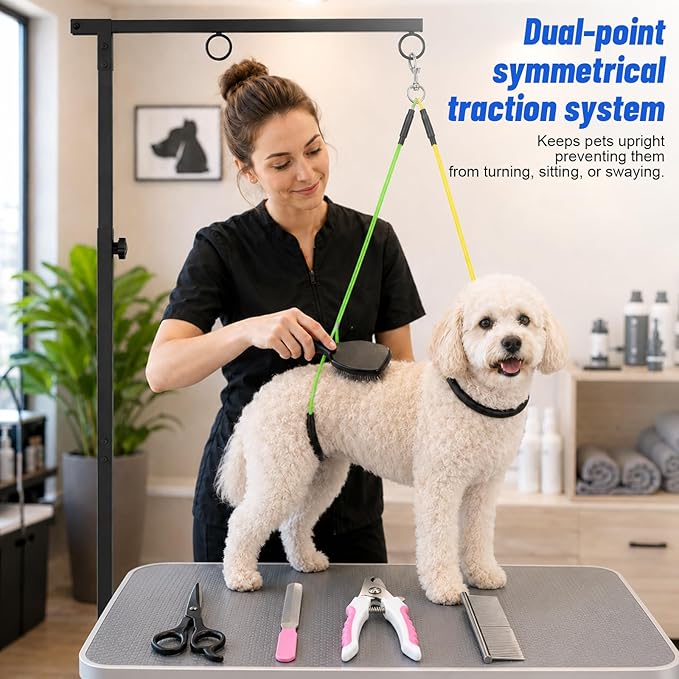 Foldable Dog Grooming Arm with Clamp, Adjustable Height 29"-41" for Small & Medium Dogs, Grooming Table Arm with Hammock and No-Sit Haunch Holders, Portable Home Salon Grooming Support