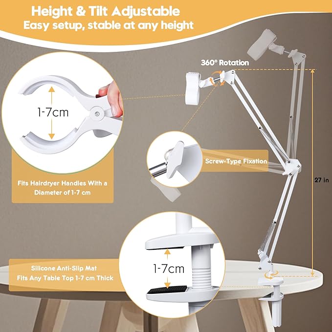 Dog Hair Dryer Holder,Blow Dryer Stand for Dog,Hands-Free 360° Rotating Pet Grooming Table Blow Dryer Stand with Adjustable Arm,Dog Tabletop Hair Dryer（White）