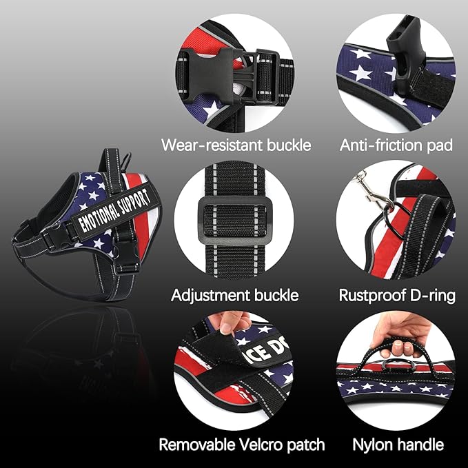 VOOPET Emotional Support Dog Harness, Professional Service Dog Vest, No Pull/Choke Free, Reflective Design, Adjustable, X-Large, Stars & Stripes
