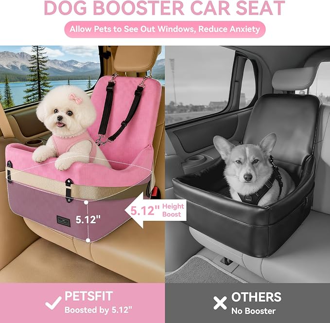 PETSFIT Dog Car Seat for Small/Medium Dogs Up to 35 lbs – Patented Safety System, 5" Memory Foam Pet Booster Car Seat, Fully Detachable and Washable Dog Carseat with 2 Storage Pockets (Pink)