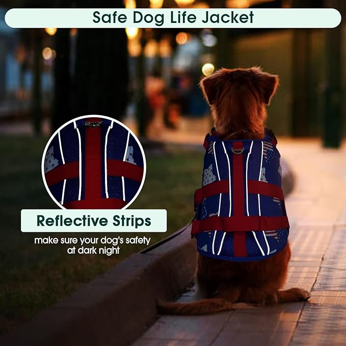 Kuoser Dog Life Jacket High Flotation, American Flag Dogs Life Vest for Swimming Boating, 4th of July Dog Lifejacket with Reflective & Rescue Handle, Adjustable Doggy Life Preserver for Small Dogs, XS