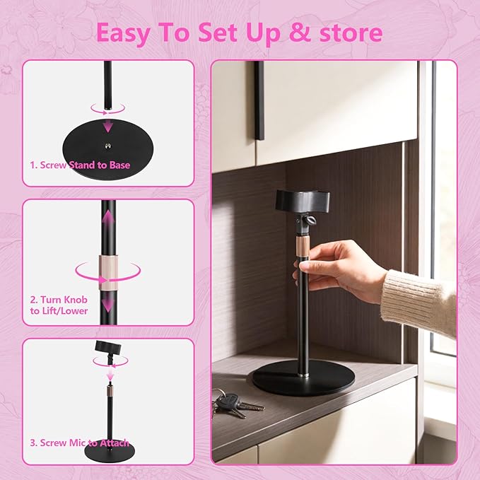BILIONE Hair Dryer Stand Holder, Height Adjustable Countertop Blow Dryer Holder, 360° Rotating, Heavy Duty Non-Slip Base＆Universal Clip, Compatible with 99% of Hair Dryers