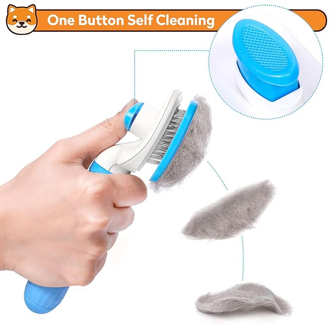 Dog & Cat Brush Kit 2PCS, Self Cleaning Slicker Brush for Pets, Dog Brush for Shedding Massaging and Grooming, Removes Loose Undercoat & Portable Comb for Long Short Haired Dogs