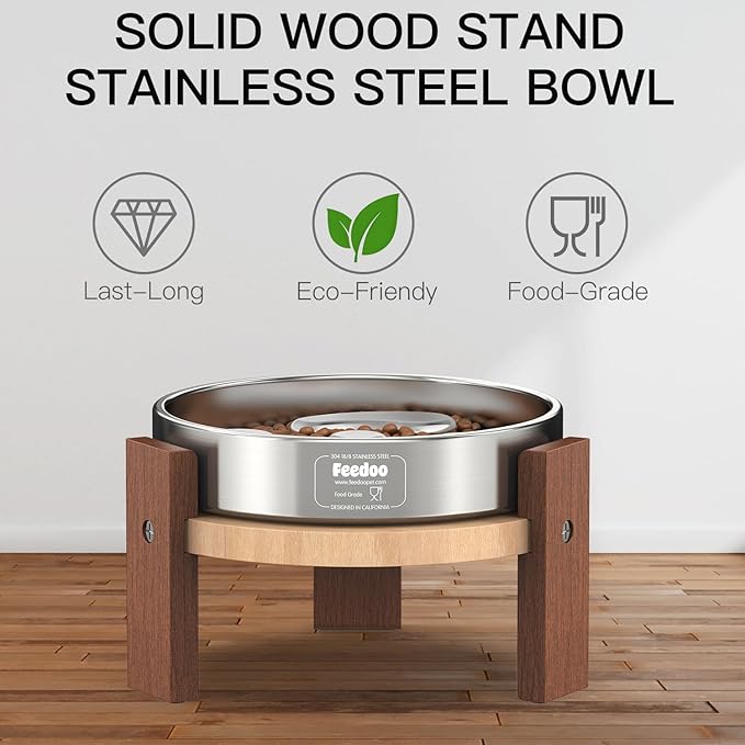 Elevated Dog Bowl Stand, 6'' Height Raised Stand for Medium Dogs, Includes 2Cups Stainless Steel Slow Feeder Dog Bowl, Durable Solid Hardwood