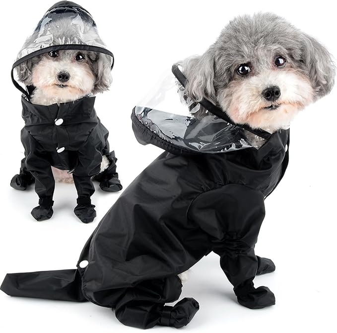 Zunea Waterproof Dog Raincoat with Hood for Small Dogs Rain Poncho Jumpsuit with Rain Boots Puppy Hooded Slicker Rainwear Four-Legged Pet Rain Jacket for Walking Black XL