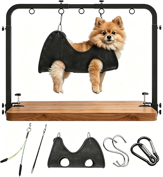 Dog Grooming Table Arm with Hammock 42'' Height, 27''39'' Width, Clamp Fits up to 2.76'', with Hammock & 2 Nooses Portable Pet Grooming Station for Nail Trimming, Cats & Dogs at Home
