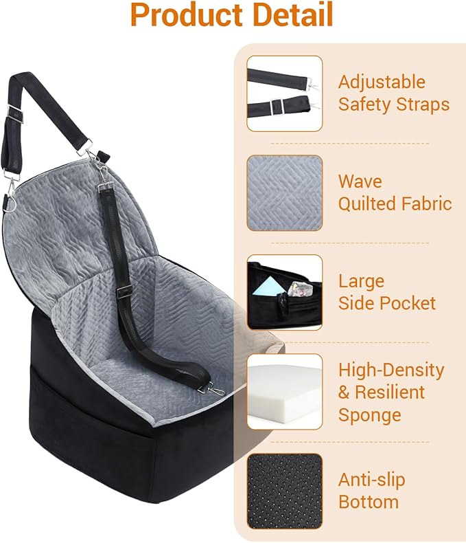 NUPIDA Dog Car Seat for Small Dogs, Dog Booster Seat with Extendable Backrest, Pet Car Seats up to 30 lbs, Washable Removable Cover Travel Bed with Storage Pockets and 2 Safety Leashes, Black&Grey