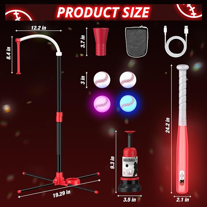 Wee Wonders 3-in-1 LED T Ball Set for Kids, Adjustable Height, Hanging Tee Ball Set with Baseball Launcher/4 Softballs/Light Up Bat, TBall Stand Sport Toys, Baseball Gifts for Boys Girls Age 3-5