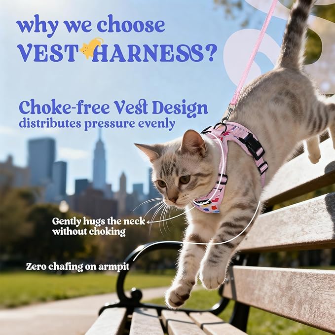 rabbitgoo Cat Harness and Leash Set, Escape Proof Vest Harness for Safe Outdoor Walks, Soft Breathable Adjustable Vest with Reflective Strips for Average to Large Cats, Purrty Pink, M