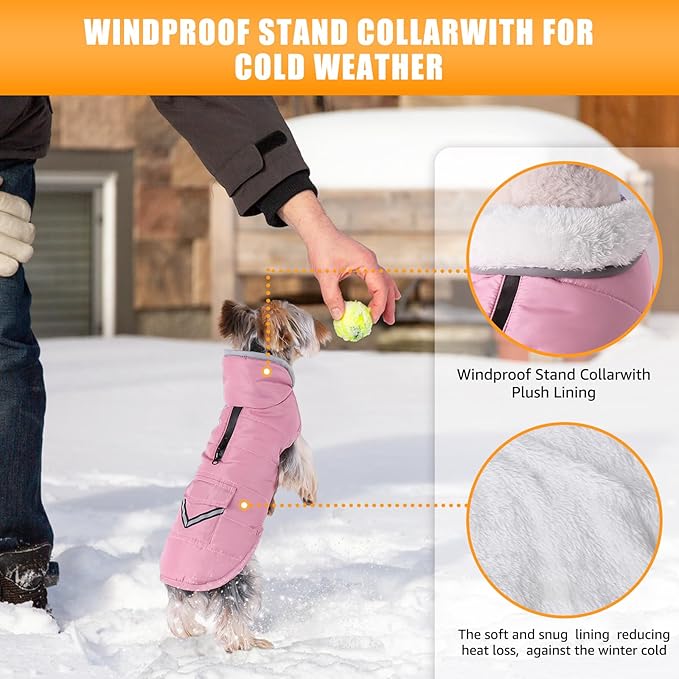 Dog Winter Coat for Extra Small Dogs, Easy on XS Dog Snow Jacket Velcro Waterproof Pet Puffer Clothes with Harness Hole Adjustable Reflective Quilted Dog Cold Weather Vest for Girl 8-12 Pounds