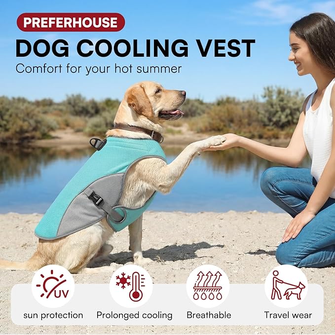 Dog Cooling Jacket for Large Dogs, Pet Cooling Vest with Mesh and D Ring, Dog Reflective Stripe Cooler Jacket for Beach, Hiking, Walking, Blue-L