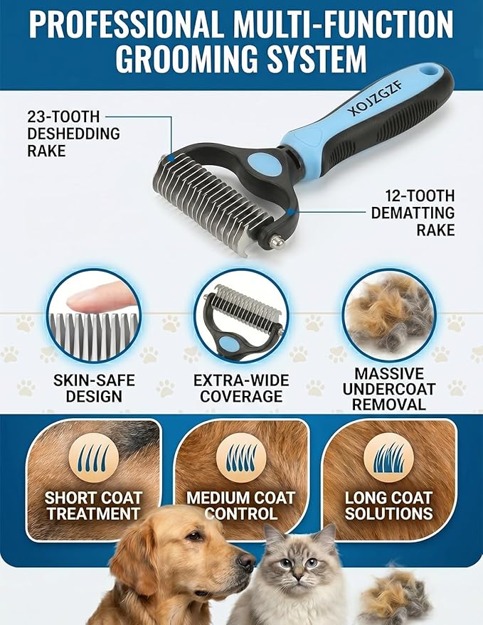 Professional Deshedding Tool for Dogs & Cats, Pet Pro Grooming Tools, Indoor Cat Double-Sided Brush Rake, Pets Hair Remover Shedding, Long Haired Dog Brushes, Undercoat Combs Supplies(Green-L)