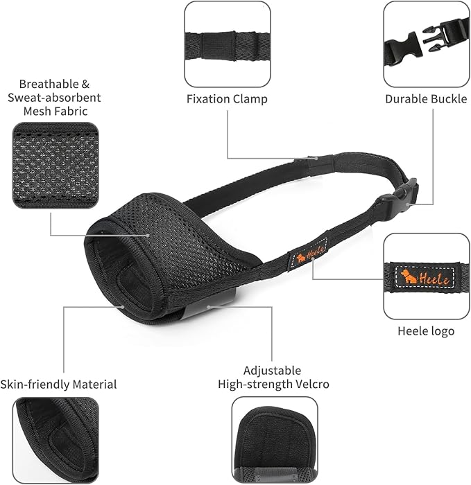 HEELE Dog Muzzle,Soft Nylon Muzzle Anti Biting Barking Chewing,Air Mesh Breathable Drinkable Adjustable Loop Pets Muzzle for Small Medium Large Dogs 4 Colors 4 Sizes (Black, M)