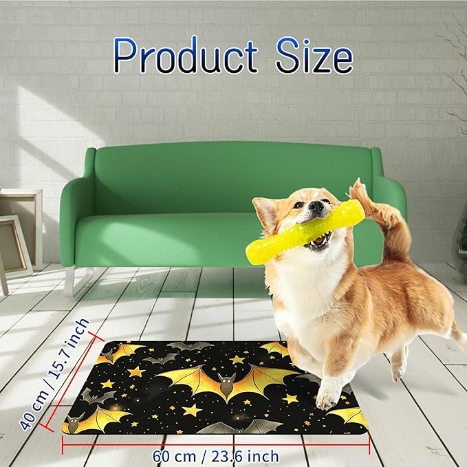 Dog Food Mat, 15.7" x 23.6" Absorbent Pet Feeding Mat for Food and Water, Waterproof Diatom Mud Pet Placemat with Non-Slip Rubber Backing, Easy Clean Cat Bowl Mat for Floors - Yellow Bat