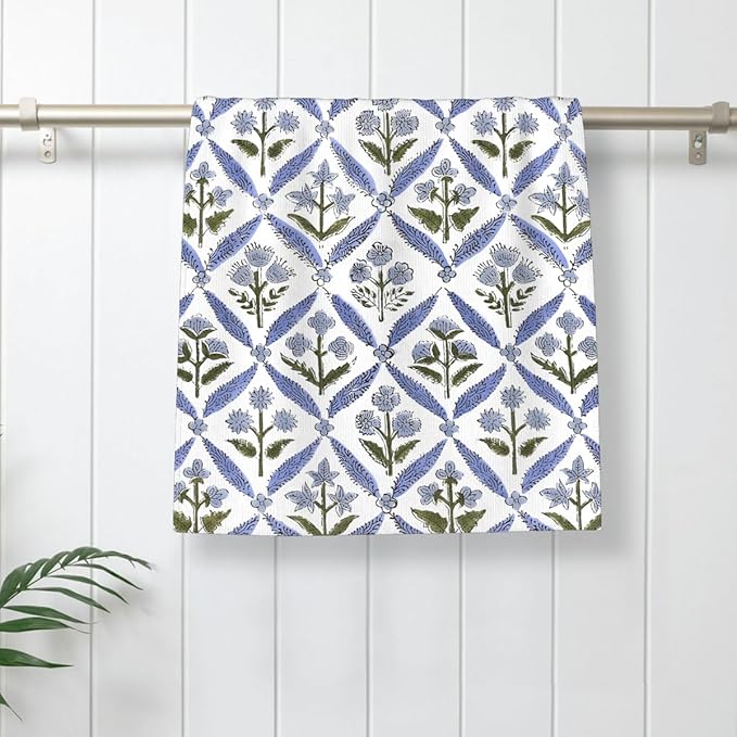 Blue Sage Green Block Print Kitchen Towels Vintage Floral Dish Towel 16×24 Inch Soft Absorbent Spring Summer Flowers Hand Cloths Decorative for Kitchen Drying Set of 2