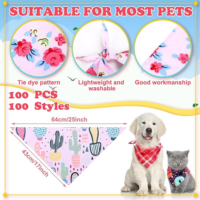 Huhumy 100 Pcs Plaid Dog Bandanas Bulk Pet Bibs Colorful Triangle Scarf Plaid Pet Bandanas for Medium Large Dogs Spring Summer Birthday Costume Decoration