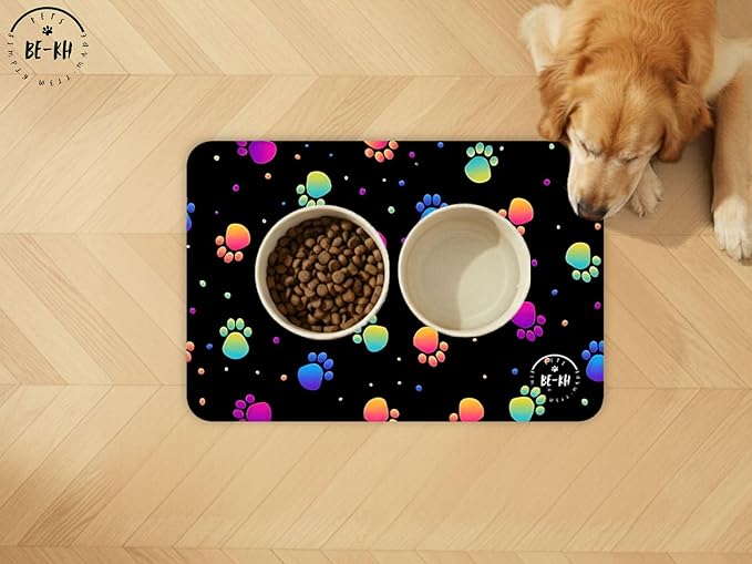 BE-KH Absorbent Pet Feeding Mat for Dogs & Cats, Quick Dry Dog Bowl Mat for Food and Water, Ultra-Thin, Non-Slip Rubber & Polyester, Waterproof & Machine Washable, Tennis Vibes, 24x16 in (60x40 cm)