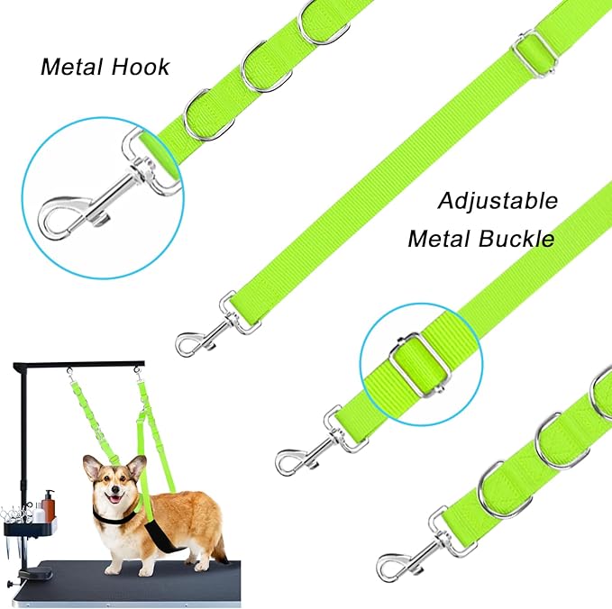 ASOCEA Dog Grooming Belly Strap Dogs Grooming Table Arm Extender Loop with D-Rings Adjustable Bathing Restraint Leash No Sit Haunch Holder for Small & Medium Dog Cat Hair Cutting Washing (Green)