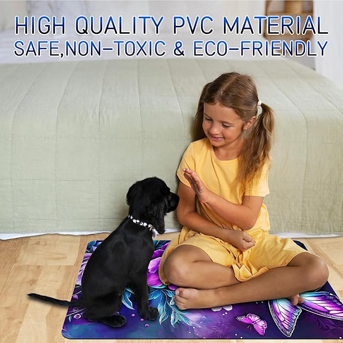 Dog Food Mat, 15.7" x 23.6" Absorbent Pet Feeding Mat for Food and Water, Waterproof Diatom Mud Pet Placemat with Non-Slip Rubber Backing, Cat Bowl Mat for Floors - Purple Butterfly Peony