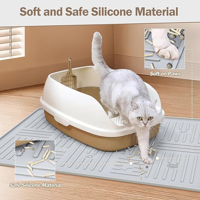Large Silicone Cat Litter Mat, 34.3" X 24.8" Litter Trapping Mat, Soft and Waterproof Cat Litter Box Mats for Floor-Grey