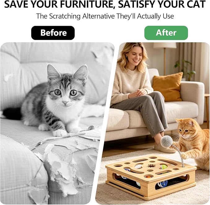 Cat Nail File Enrichment Box, Bamboo Wooden Cat Scratch Puzzle Box, Nail File Scratcher for Indoor Cats