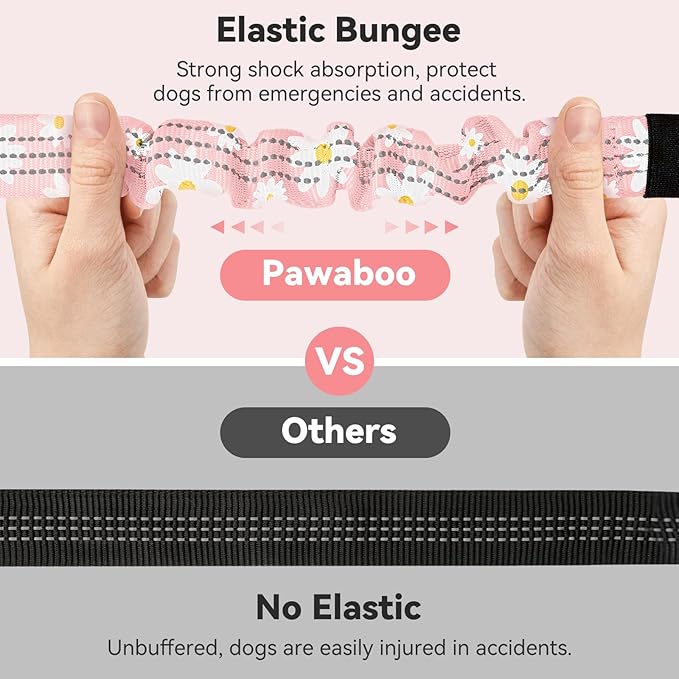 Pawaboo Dog Car Seat Belt– Reflective & Adjustable Dogs Cars Harness Leash with 360° Lockable Buckle, Shockproof Dogs Tether Bungee for Safe Travel, Light Pink Flowers