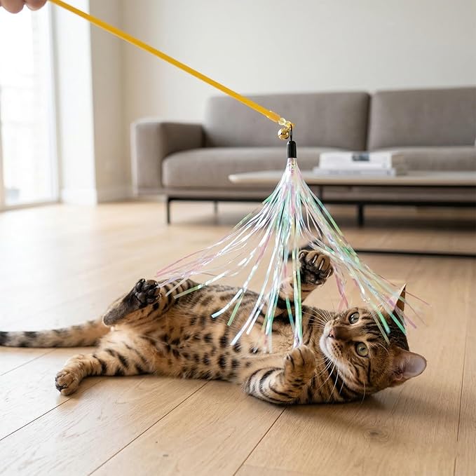 8Pcs Cat Wand Toy Replacement with Bell Metallic Foil Tassel, 9Inch Cat Wand Attachments for Most Cats Indoor Cats Interactive Chase Exercise, 4 Colors