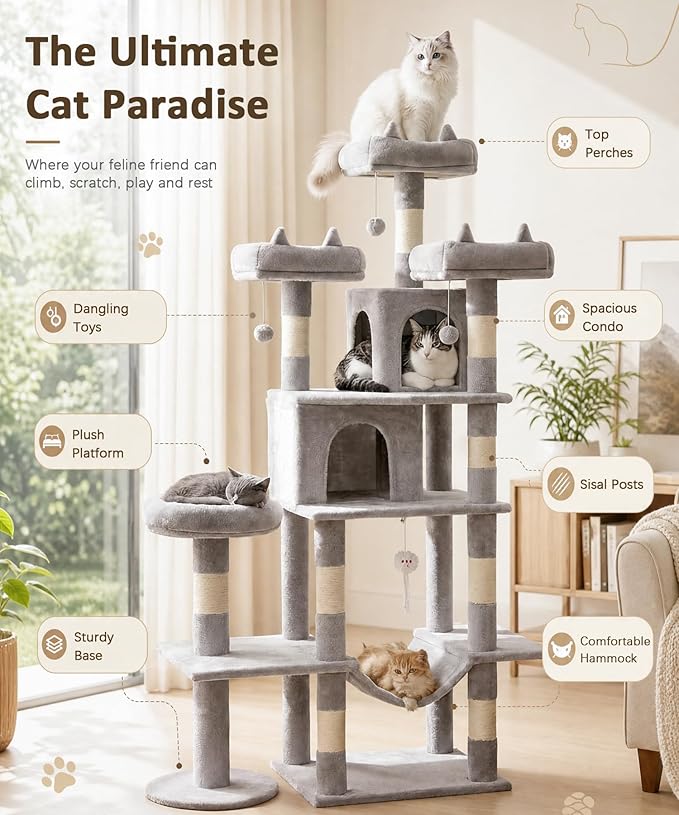 Heavy Duty Cat Tree for Indoor Cat, 71 Inch Large Cat Tower with Scratching Post and Top Perch, Hammock, Big Cat Condo for Adult Cats Kittens, PMT03GY, Grey