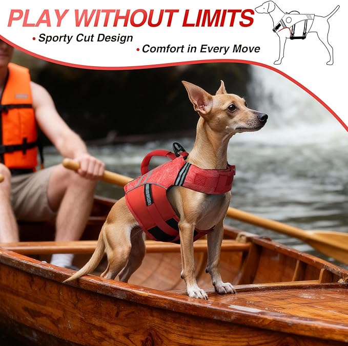 VIVAGLORY Sports Style Dog Life Vest, Dog Life Jacket for Swimming & Boating, Ripstop & Buoyancy for Puppy Doggy, Lifejacket with Handle, XS, Red