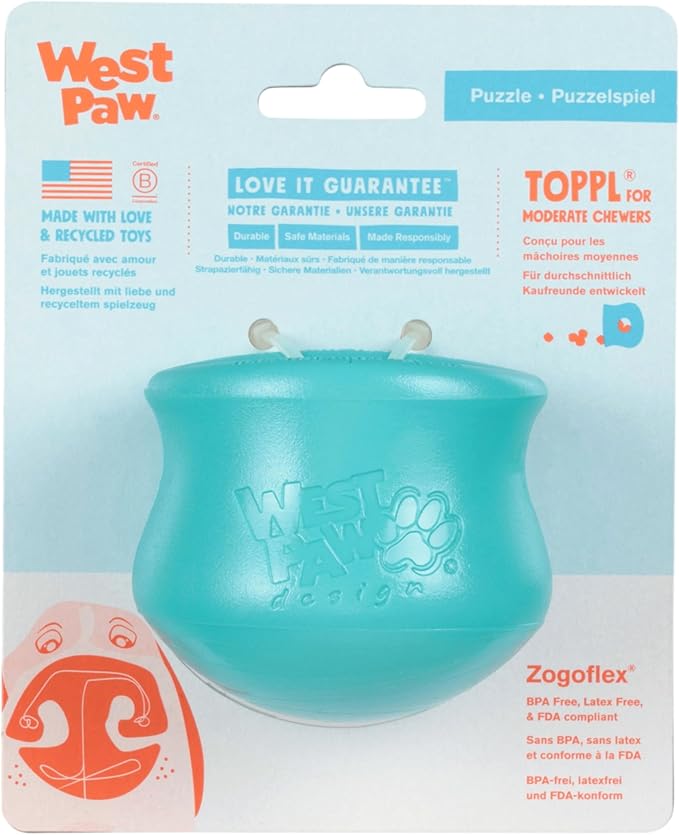 WEST PAW Zogoflex Toppl Interactive Treat Dispensing Puzzle Dog Toy for Mental Stimulation & Enrichment-Holds Kibble & Treats-Lickable, Freezable & Dishwasher Safe-Made in USA-Small-Teal