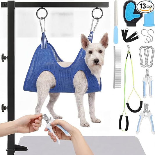 13 Pcs Adjustable Dog Grooming Arm with Clamps, Adjustable Height 27"-37", Pet Grooming Stand with Hammock and No-sit Haunch Holders, Ideal Set for Small & Medium Dogs at Home or Salons