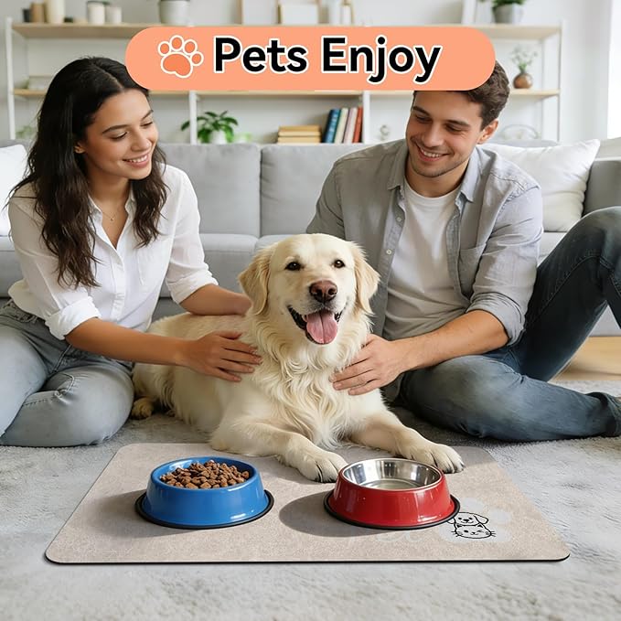 Dog Cat Feeding Mat-Absorbent Pet Bowl Mat for Food and Water, Quick Dry Water Dispenser Mat for Floors with Waterproof Rubber Backing, Puppy Cat Placemat Mats for Messy Drinkers,16"x24",Taupe