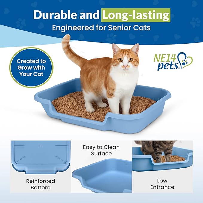 KittyGoHere Senior Cat Litter Box, Large Litter pan with Long-Handle Jumbo Scoop, Open Top Low Entrance Kitty Litter Box, Lightweight Low Entry Litters Box, Durable, Made in USA (2 Pack - Blue)
