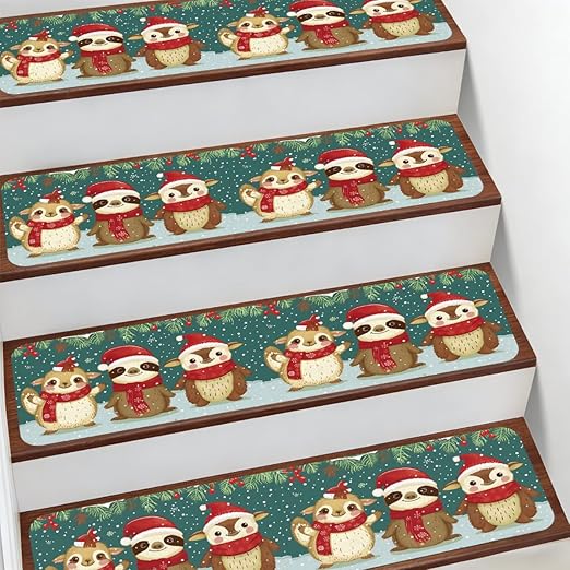 Animal Cute Sloth Christmas Stair Treads for Wooden Steps Indoor Washable Staircase Carpet 1PCS 30"x7.8" Stair Step Treads Non-Slip Staircase Covers Peel and Stick Safety Mat for Kids Elders Pets