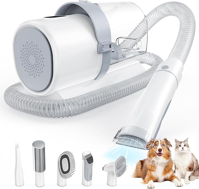 DUMOS Pet Grooming Vacuum Kit, 3 Adjustable Suction Modes Dog Clipper, 5 Professional Grooming Tools with Cordless Low Noise Cat Hair Clippers, 2.5L, Ivory