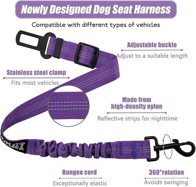 IBWell Dog Seat Belt,3 Piece Set Retractable Dog Car Harness Adjustable Dog Seat Belt for Vehicle Nylon Pet Safety Seat Belts Heavy Duty & Elastic (Black & Purple)
