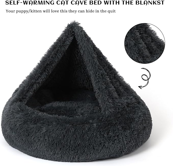 Calming Donut Dog Bed with Hooded Blanket – Plush Fluffy Cave Bed for Small & Medium Dogs, Machine Washable Anti-Anxiety Pet Bed for Cats