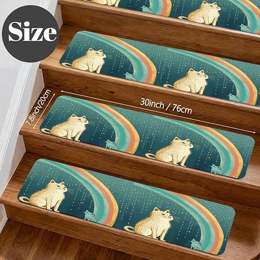 Animal Cute Cat Rainbow Stair Treads for Wooden Steps Indoor Washable Staircase Carpet 1PCS 30"x7.8" Stair Step Treads Non-Slip Staircase Covers Peel and Stick Safety Mat for Kids Elders Pets