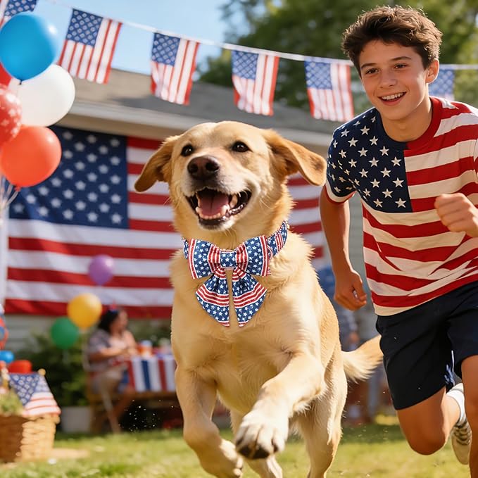 DOGWONG 4th of July American Flag Dog Collar, Red Blue Sailor Bow Tie Dog Collars with Metal Adjustable Buckle, Comfortable Independence Day Dogs Collars for Small Puppy Dogs