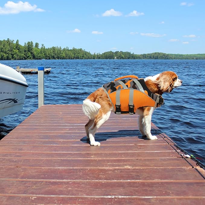 Kuoser Dog Life Jacket with Reflective Stripes, Dog Life Vest for Swimming Boating, Adjustable Pet Lifejackets with High Flotation, Doggie Swimsuit for Small Medium Large Dogs