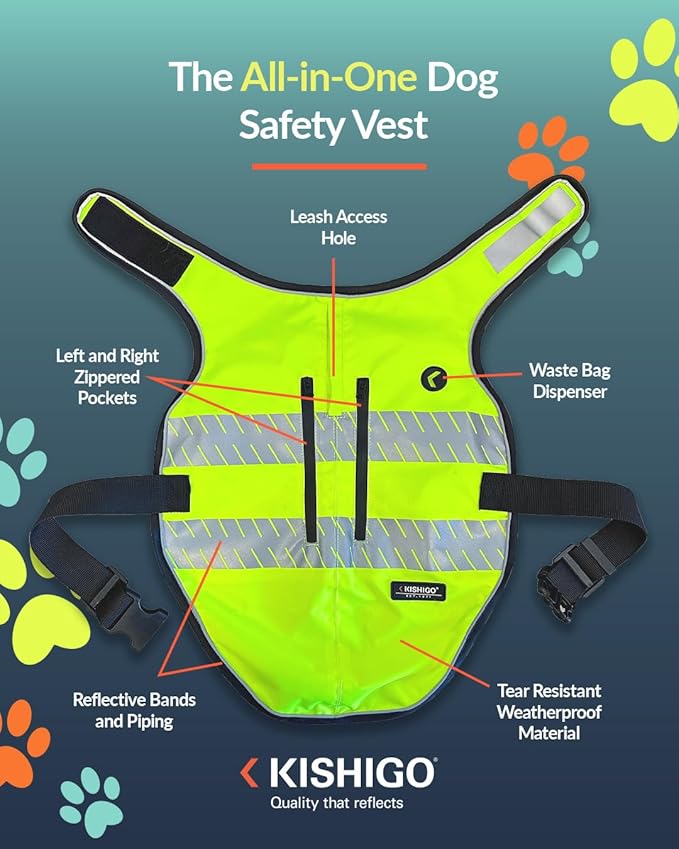 Reflective Dog Safety Vest, Harness and Collar Compatible, Waste Bag Holder, Water Resistant, Adjustable Neck and Chest, Day or Night Walking, High-Visibility Protection (Lime, XS)