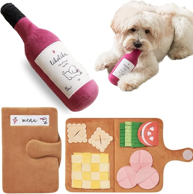 Dog Snuffle Mat Slow Feeding Mats Sniffing Puzzle Toys Interactive Burrow Activity Hide and Seek Enrichment Toys for Foraging Training Dog Gifts for Small Medium Large Dogs (Menu Set with Wine Bottle)