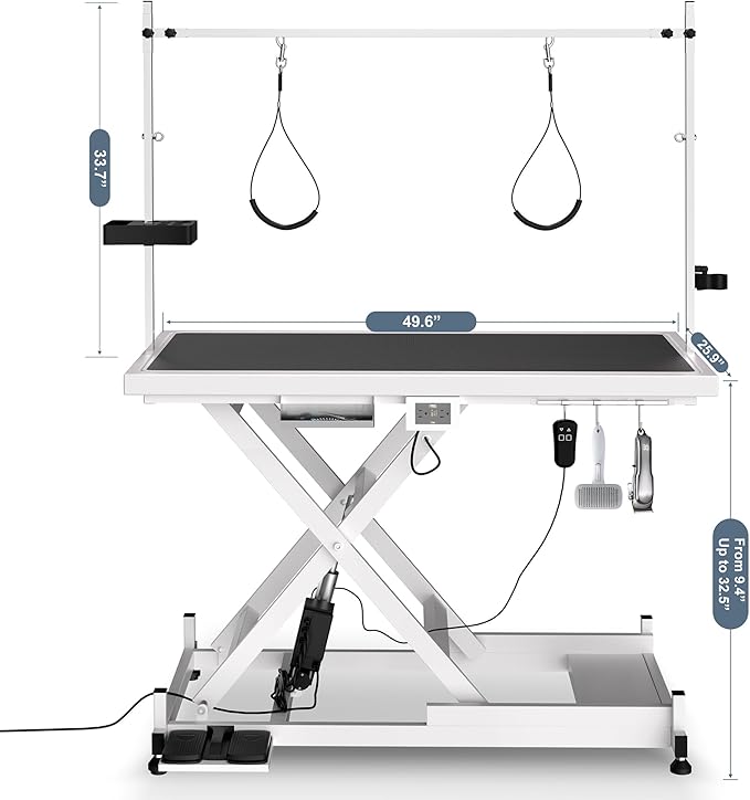 Electric Dog Grooming Table for Large Dogs - Professional Heavy Duty Height Adjustable Home Indoor Pet Grooming Station with Grooming Arm, Anti Slip Tabletop & Tool Organizer, 50''/White