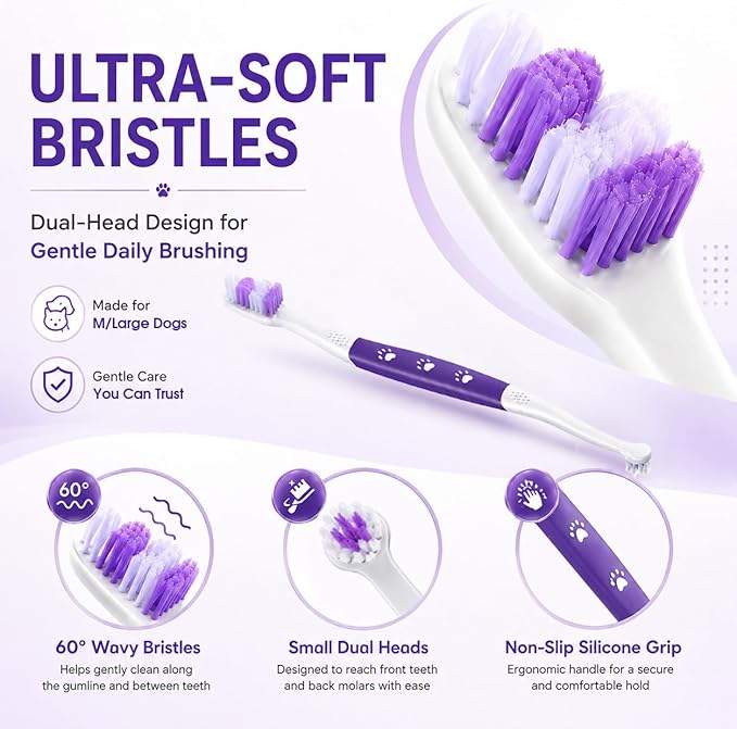 Dog Toothbrush – Newly Upgraded Dual-Head Design with 60° Wavy Bristles–Gently Surrounds Teeth for Deep Cleaning and Plaque Removal – Non-Slip Handle, Ideal for Daily Pet Dental Care (Purple, 2-Pack)
