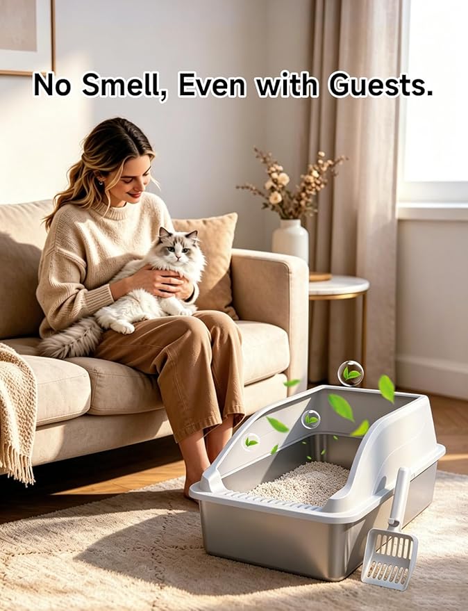 Stainless Steel Cat Litter Box, Extra Large XL Odor Free Metal Litter Box with High Sides Lid, Open Top Litter Pan Include Scoop Easy Cleaning Kitty Cat Box Anti-Urine Leakage, Non-Sticky