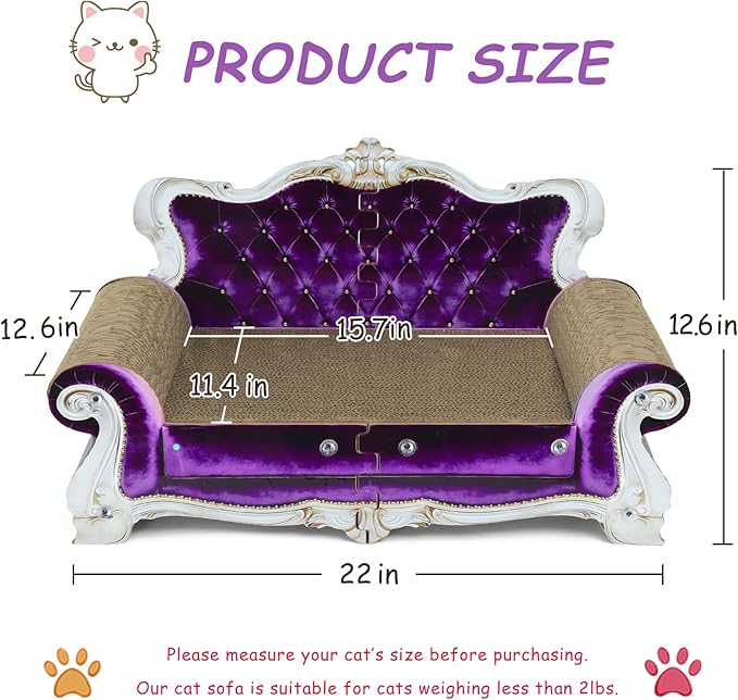 Luxury Cardboard Cat Scratcher Sofa Bed, Couch Shaped Cat Scratching Board, Cat Scratch Lounge with Catnip, Cat Scratcher for Indoor Cats (Purple Crown)