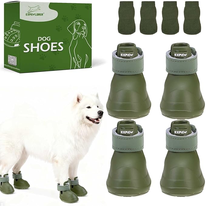 EXPAWLORER Dog Shoes for Hot Pavement Small Medium Large Dogs, Waterproof Non-Slip Dog Summer Booties with Socks, Easy On & Off Pet Boots & Paw Protectors, Easy-Clean for Beach Outdoor Rain (Green L)