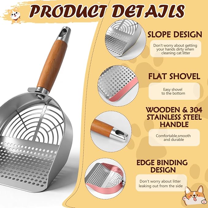 Cat Litter Scoop 304 Stainless Steel Rust Proof, Sifting Litter Box Scooper with Wood Handle, Curved Design for Easy Cleaning, Dual Sifter Holes cat Litter Shovel