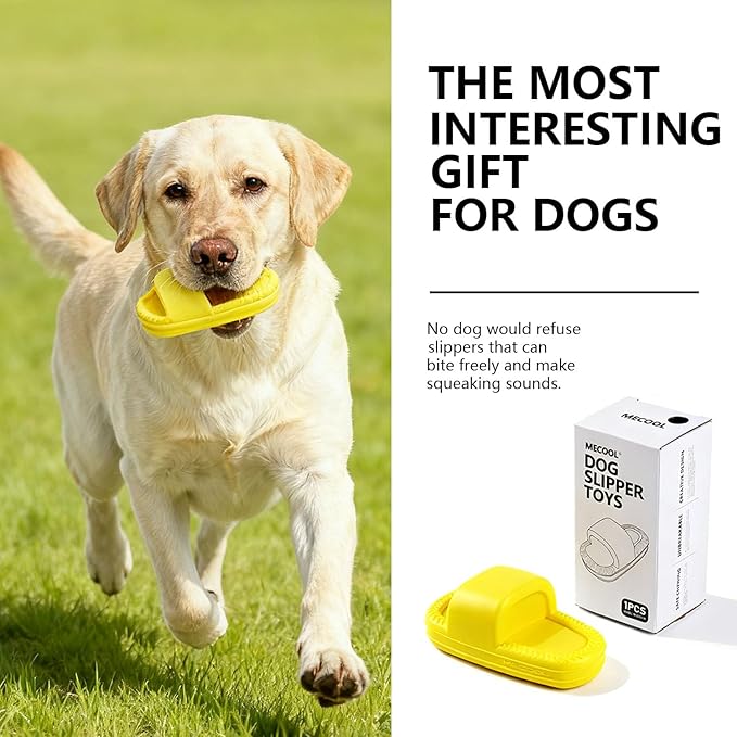 MECOOL Squeaky Slipper Dog Toy - Chew Toys for Aggressive Chewers, Durable Rubber Chew Toy for Dental Cleaning & Boredom Relief, for Small Medium Dogs, Yellow