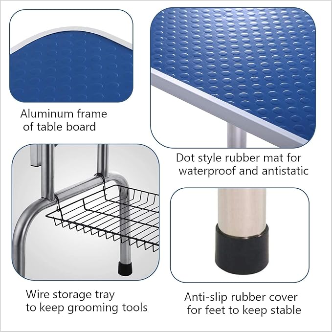 Pet Dog Grooming Table, Adjustable Large Heavy Duty Professional Foldable Trimming Stage with Arms, Noose, Mesh Tray, Maximum Capacity Up to 330LBS, 46''/Blue